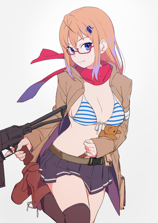 ahoge as_val as_val_(girls_frontline) assault_rifle belt black_legwear blonde_hair boots breasts commentary front-tie_bikini front-tie_top girls_frontline glasses gun hair_ornament jacket leg_up long_sleeves looking_at_viewer medium_breasts open_clothes open_jacket pleated_skirt rifle scarf short_hair simple_background skirt sohin solo striped_bikini_top stuffed_animal stuffed_toy teddy_bear thighhighs trigger_discipline weapon white_background