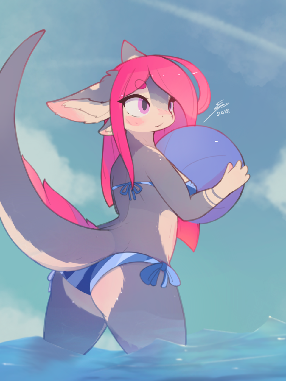 2018 4_ears 4_fingers anthro bikini blush breasts butt clothing detailed_background dragon electrycpynk electrycpynk_(character) eyebrows_visible_through_hair female hair inner_ear_fluff long_hair multi_ear partially_submerged pink_hair purple_eyes rear_view scalie signature solo standing swimsuit