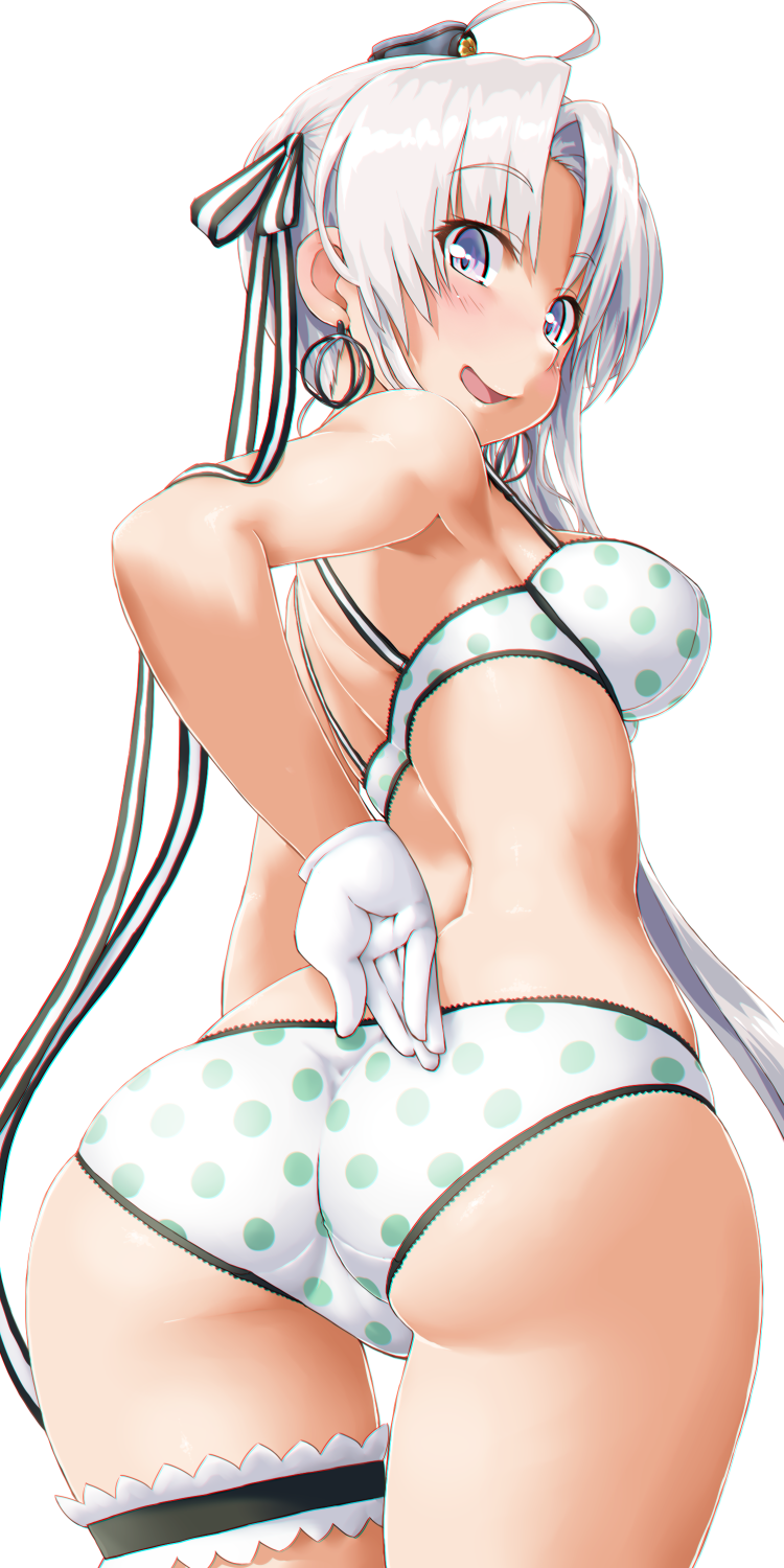 1girl ahoge akitsushima_(kantai_collection) ass bow bow_panties bra dd_(ijigendd) gloves grey_hair hair_ornament hair_ribbon hat highres kantai_collection long_hair looking_at_viewer looking_back mini_hat panties polka_dot polka_dot_bra polka_dot_panties purple_eyes ribbon side_ponytail sidelocks smile solo underwear underwear_only white_gloves