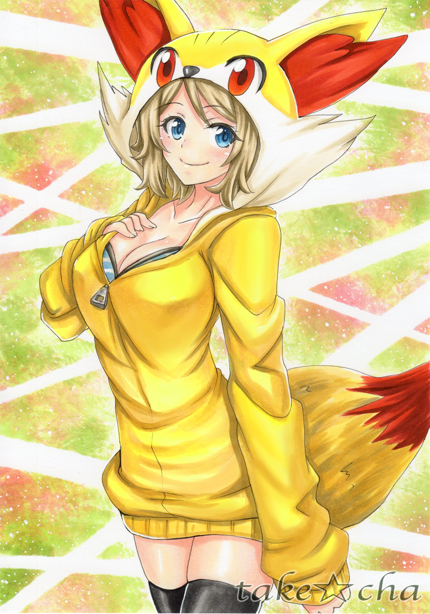 animal_hood artist_name black_legwear blonde_hair blue_eyes blush breasts cleavage closed_mouth cosplay cowboy_shot fennekin fennekin_(cosplay) hand_on_own_chest highres hood hood_up hooded_jacket jacket large_breasts long_sleeves looking_at_viewer marker_(medium) md5_mismatch pokemon pokemon_(anime) pokemon_xy_(anime) serena_(pokemon) short_hair smile solo striped tail takecha thighhighs traditional_media yellow_jacket