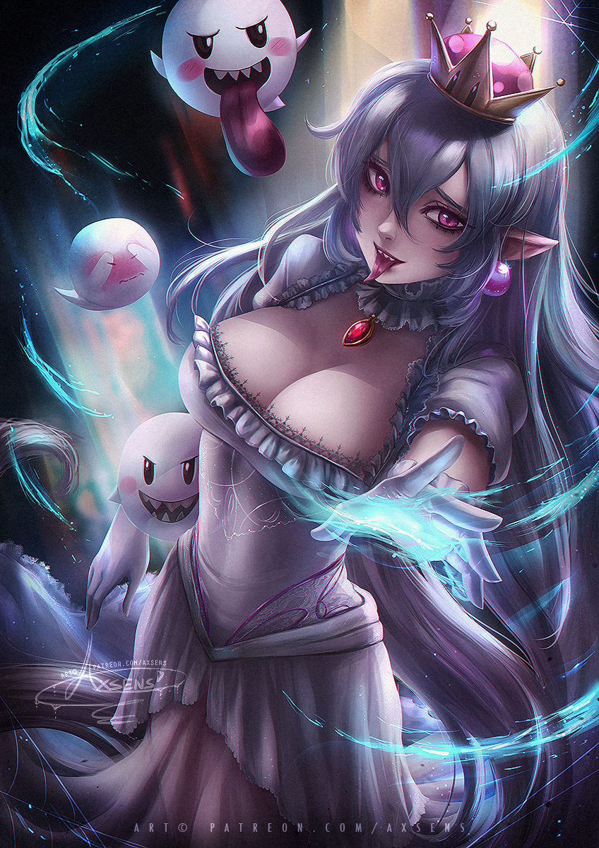 alexandra_mae banned_artist boo breasts cleavage dress earrings gloves highres jewelry long_hair looking_at_viewer magic mario_(series) pointy_ears princess_king_boo purple_eyes sharp_teeth solo super_crown teeth tongue tongue_out white_dress white_gloves white_hair