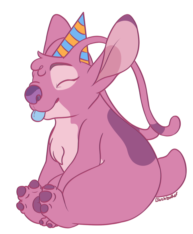 2018 alien alpha_channel angel_(lilo_&amp;_stitch) antennae back_markings birthday_hat blue_tongue blushbaker chest_tuft claws digital_drawing_(artwork) digital_media_(artwork) disney experiment_(species) eyelashes eyes_closed fur hat head_tuft lilo_and_stitch markings pawpads pink_fur purple_claws purple_nose purple_pawpads signature simple_background sitting small_tail solo tongue tongue_out transparent_background tuft