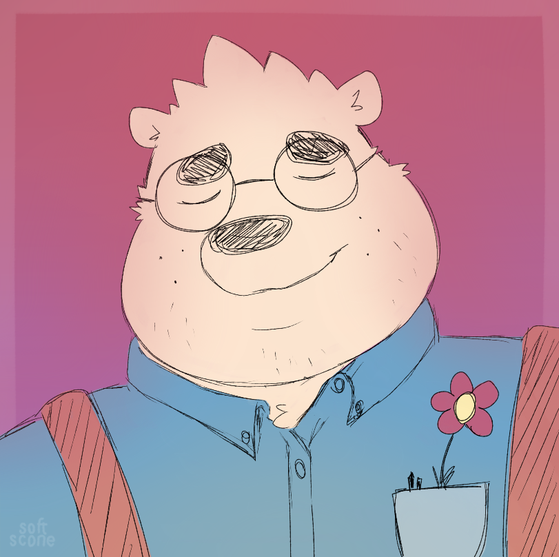 bear black_nose clothed clothing eyebrows eyes_closed eyewear flower fluffy_ears glasses male mammal overweight overweight_male plant simple_background slightly_chubby smile softscone thick_eyebrows