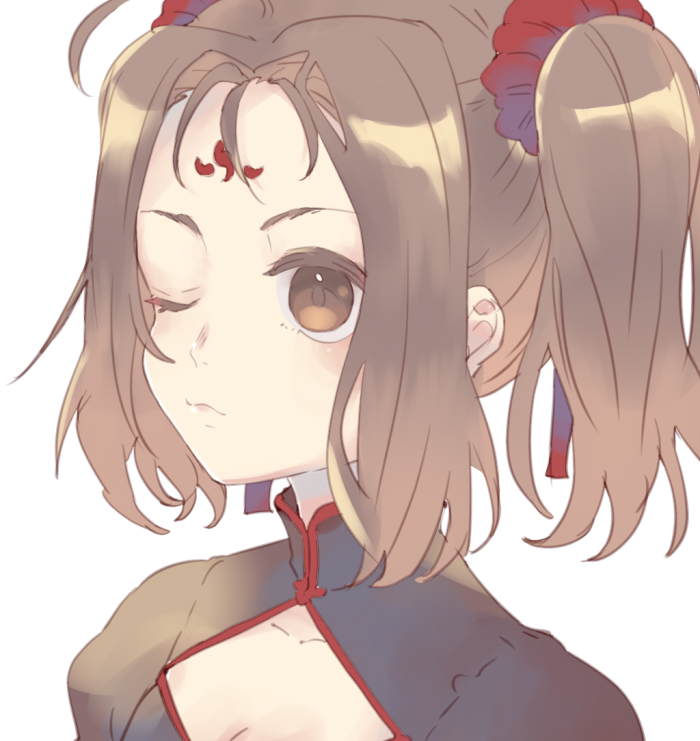 bangs black_dress blush brown_eyes brown_hair china_dress chinese_clothes closed_mouth dress facial_mark fate/grand_order fate_(series) forehead forehead_mark hair_ornament hair_scrunchie hair_strand kidhukaji looking_away nezha_(fate/grand_order) one_eye_closed parted_bangs red_scrunchie scrunchie sidelocks simple_background solo twintails upper_body white_background