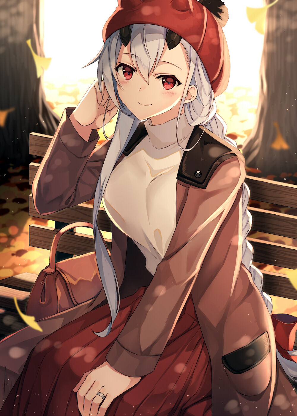 akami_fumio bag bangs beanie bench blush bow braid breasts brown_jacket closed_mouth commentary_request eyebrows_visible_through_hair fate/grand_order fate_(series) hair_between_eyes hair_bow hand_up handbag hat highres horned_headwear horns jacket jewelry long_hair long_sleeves medium_breasts on_bench open_clothes open_jacket park_bench pleated_skirt red_bow red_eyes red_hat red_skirt ring shirt silver_hair single_braid sitting skirt smile solo tomoe_gozen_(fate/grand_order) tree very_long_hair white_shirt