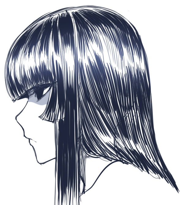 bangs black_eyes black_hair blunt_bangs head hime_cut houraisan_kaguya long_hair looking_to_the_side monochrome portrait profile simple_background sketch solo space_jin touhou white_background