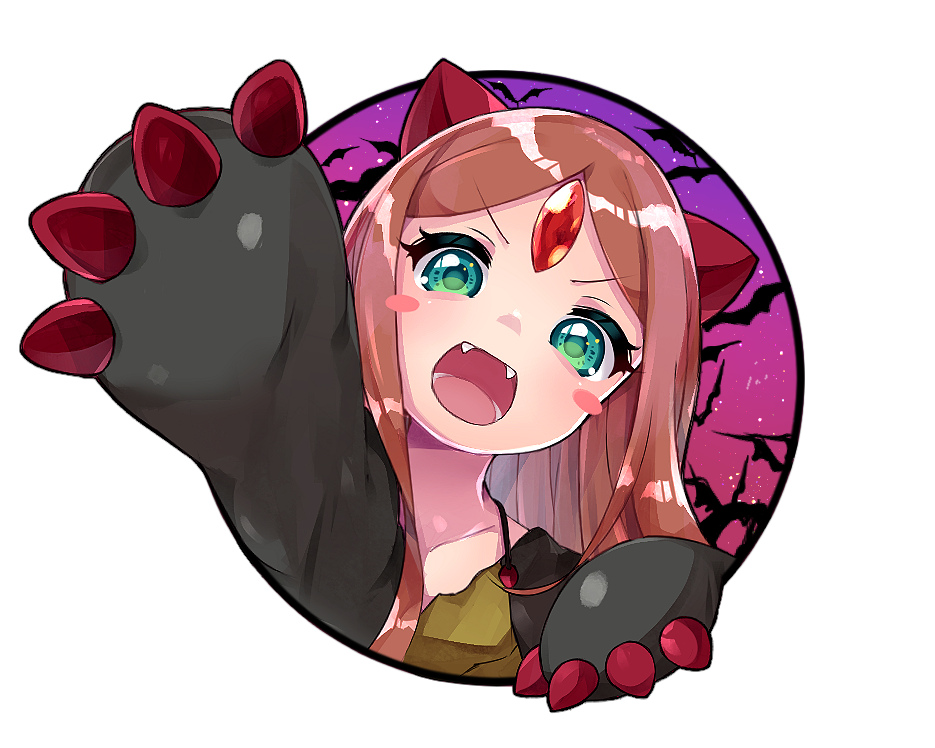 :d animal animal_ears arm_up bangs bat blush_stickers brown_hair claws collarbone commentary_request eyebrows_visible_through_hair fangs forehead_jewel green_eyes head_tilt long_hair looking_at_viewer myne_(p&amp;d) open_mouth parted_bangs pikomarie puzzle_&amp;_dragons smile solo transparent_background upper_body