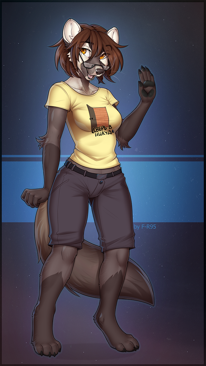 2018 4_toes 5_fingers anthro barefoot black_lips black_nose breasts brown_hair clothed clothing digital_media_(artwork) digitigrade eyewear f-r95 female glasses hair mammal open_mouth sable smile solo standing teeth thin_waist toes tongue wide_hips