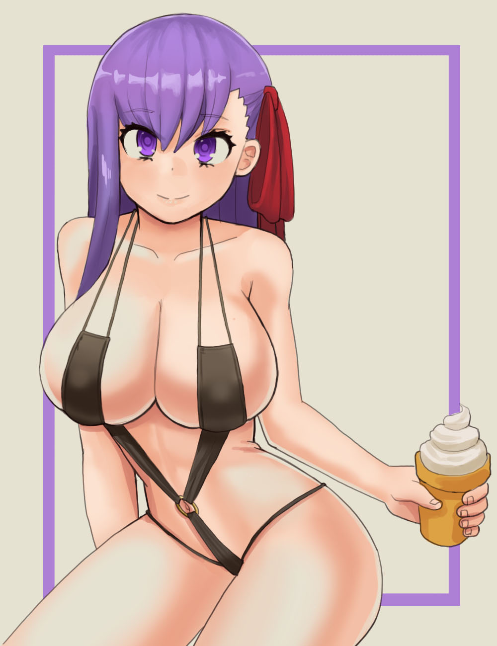 arms_at_sides bangs bb_(fate)_(all) bb_(fate/extra_ccc) black_swimsuit breasts center_opening cleavage closed_mouth donburikazoku eyebrows_visible_through_hair fate/extra fate/extra_ccc fate_(series) food frame grey_background groin hair_ornament half_updo halterneck highres holding holding_food ice_cream ice_cream_cone large_breasts light_smile long_hair looking_at_viewer navel o-ring o-ring_swimsuit purple_eyes purple_hair red_ribbon ribbon sideboob simple_background slingshot_swimsuit smile solo straight_hair swimsuit third-party_source twisted_torso