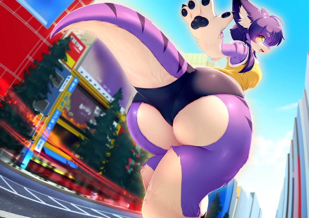 2017 anthro big_butt big_thighs breasts bubble_butt butt butt_focus butt_pose claws clothed clothing female fluffy fluffy_tail fur fuzzwolfy hair huge_butt hyper hyper_butt hyper_thighs inner_ear_fluff japan kemono looking_at_viewer looking_back multicolored_fur open_mouth pawpads purple_fur smile striped_fur stripes tight_clothing tongue tsukiyo unknown_species walking white_fur yellow_eyes