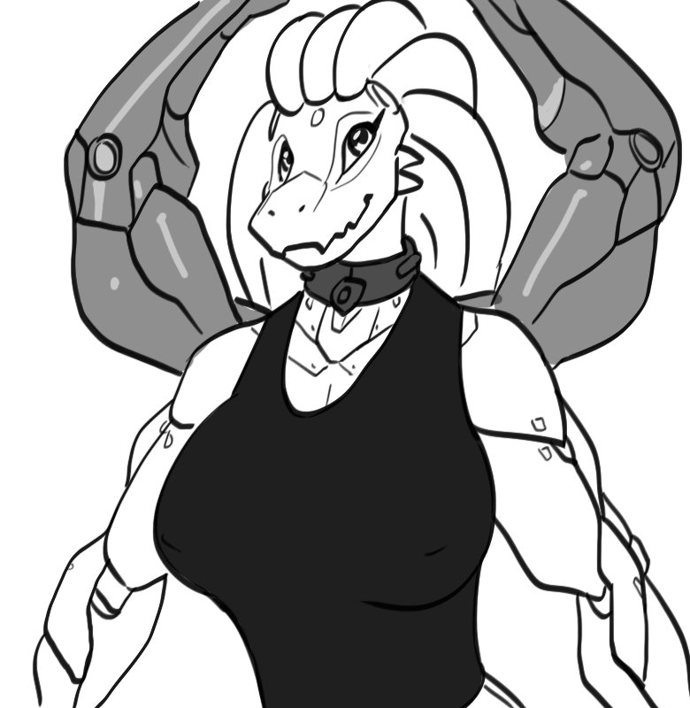 2018 4_arms android anthro arms_above_head big_breasts borisalien breasts cleavage clothed clothing collar digital_media_(artwork) dreadlocks eyeliner female hair half-length_portrait horn long_hair looking_at_viewer machine makeup melion_(beyxer) multi_arm multi_limb nipple_bulge portrait reptile robot scalie shirt simple_background sketch smile solo tank_top trenco white_background