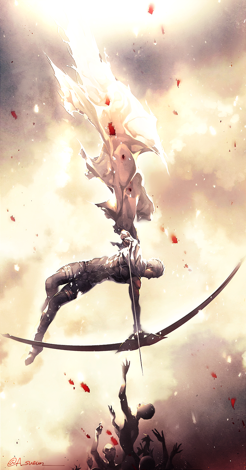archer arrow bow_(weapon) brown_bodysuit cloud cloudy_sky dark_skin dark_skinned_male day drawing_bow fate/stay_night fate_(series) grey_hair h_sueun highres holding holding_arrow holding_bow_(weapon) holding_weapon long_sleeves looking_down midair outstretched_arm profile robe silhouette sky sunlight torn_clothes torn_robe twitter_username weapon white_robe zelovel