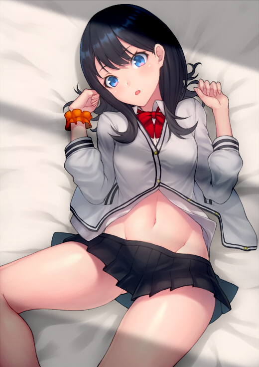 bangs banned_artist black_hair black_skirt blue_eyes blush bow bowtie breasts buttons commentary_request hips kyoeiki lighting long_hair looking_at_viewer lying miniskirt navel on_back on_bed open_mouth pleated_skirt red_neckwear scrunchie skirt solo ssss.gridman sweater swept_bangs takarada_rikka thighs white_sweater wrist_scrunchie
