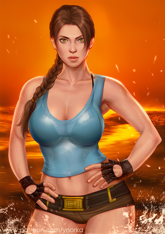 1girl areolae artist_name bra breasts brown_eyes brown_hair glasses gloves gradient gradient_background gun lara_croft large_breasts lips looking_at_viewer makeup navel ponytail see-through short_shorts shorts solo tomb_raider underwear water weapon wet ynorka