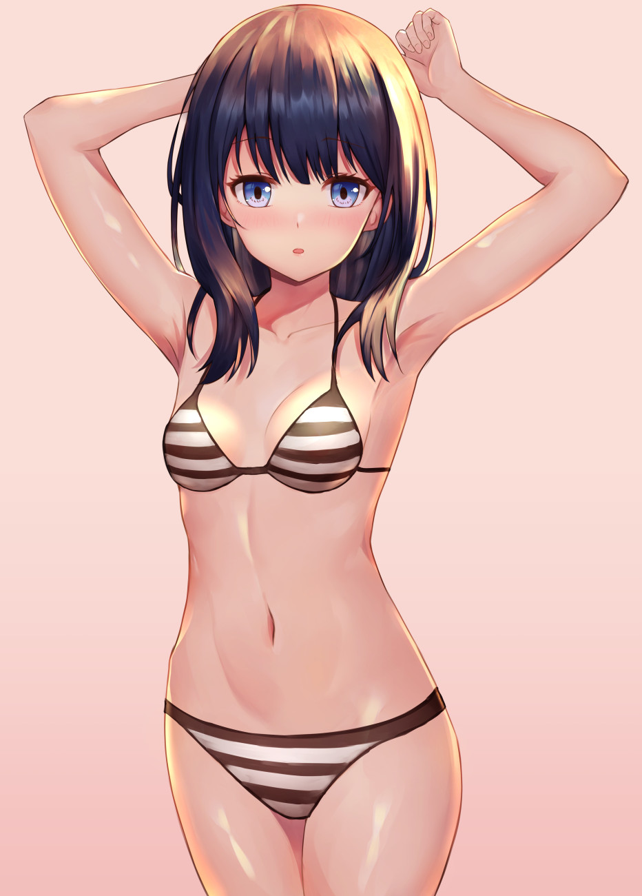 armpits arms_behind_head arms_up banned_artist bikini black_hair blue_eyes breasts commentary_request highres long_hair navel pink_background simple_background small_breasts solo ssss.gridman striped striped_bikini striped_swimsuit swimsuit takarada_rikka yiku_(sim7368)