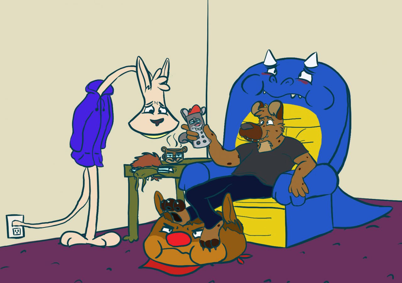 animate_inanimate anthro armchair carpet chair clothed clothing controller cup dragon eyewear floor_lamp fully_clothed furniture glamator_(artist) glasses group hoodie hyena inanimate_transformation inside kangaroo lamp male mammal marsupial neckerchief ottoman pants power_outlet remote_control shirt table transformation what why