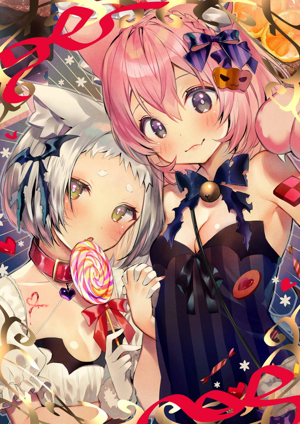 :3 animal_ear_fluff animal_ears armpits bare_shoulders black_dress bow braid breasts candy cat_ears cleavage commentary_request cookie crown_braid dress fang food gloves green_eyes hair_bow hair_ribbon heart_collar highres holding_hands interlocked_fingers lollipop long_hair looking_at_viewer multiple_girls off-shoulder_dress off_shoulder original paws pink_hair ribbon shirako_sei short_hair silver_eyes silver_hair striped swirl_lollipop vertical-striped_dress vertical_stripes whiskers white_gloves