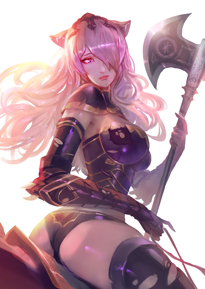 armor ass axe black_armor black_panties boots breasts camilla_(fire_emblem_if) cglas cleavage dragon fire_emblem fire_emblem_if hair_over_one_eye highres knight large_breasts lips long_hair looking_at_viewer panties purple_eyes purple_hair solo thighs tiara underwear very_long_hair wavy_hair wyvern