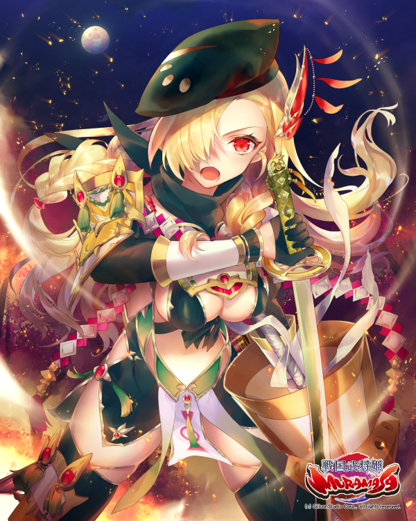 :o black_gloves black_hat black_legwear blonde_hair braid breasts copyright_name dual_wielding gloves hair_over_one_eyes hat holding katana lance long_hair matataki medium_breasts night night_sky official_art outdoors polearm red_eyes sengoku_bushouki_muramasa sky solo standing sword watermark weapon