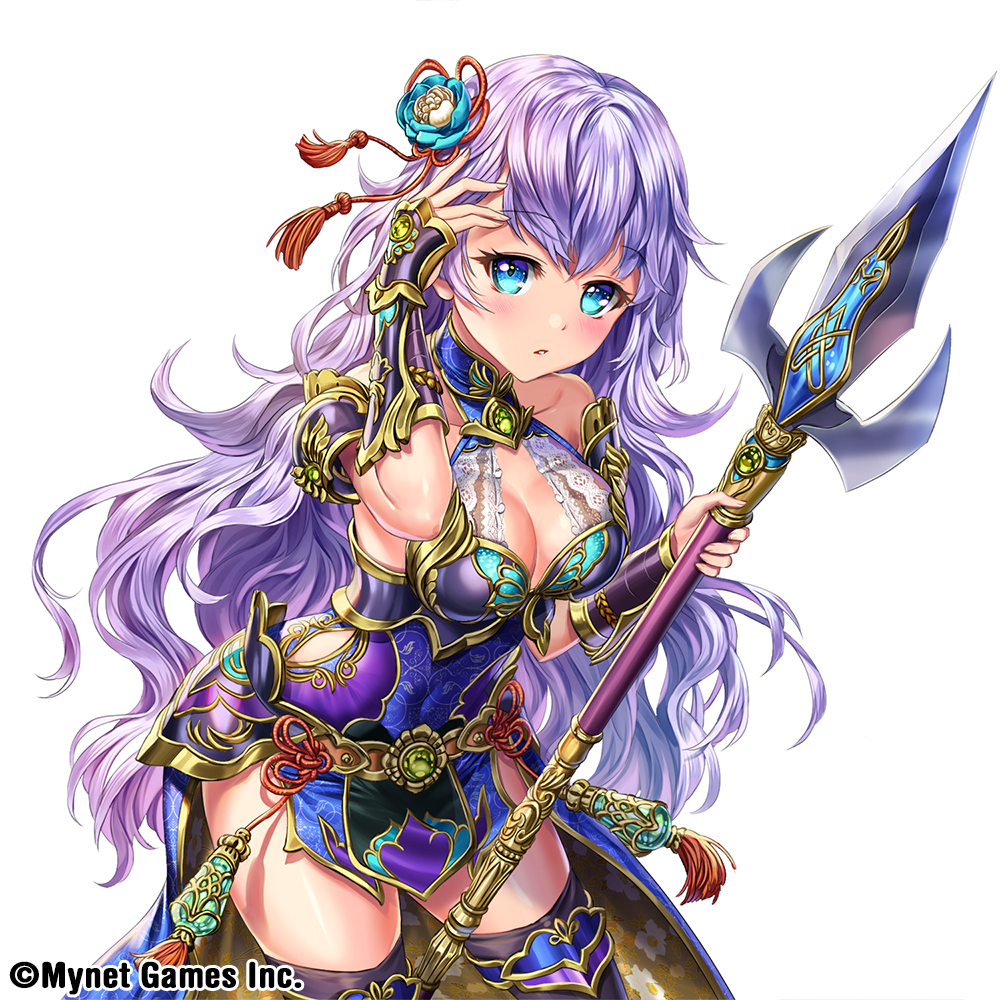 blue_eyes blush bracer breasts cleavage company_name esphy fantasy flower hair_flower hair_ornament hand_up holding_polearm large_breasts long_hair looking_at_viewer official_art polearm purple_hair sangoku_infinity side_cutout simple_background solo thighhighs trident weapon white_background