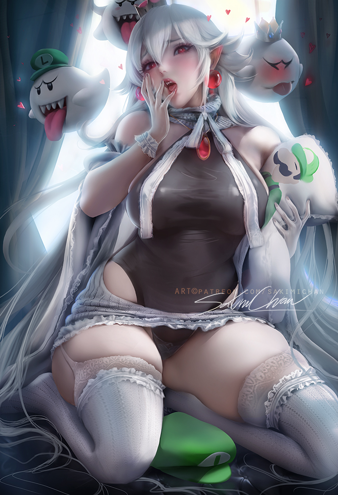 artist_name banned_artist blush boo breasts crown curtains dakimakura_(object) detached_sleeves earrings garter_straps grey_sweater hair_between_eyes hand_to_own_mouth hat heart jewelry large_breasts long_hair luigi luigi's_mansion mario_(series) meme_attire necklace new_super_mario_bros._u_deluxe no_bra open_mouth panties patreon_username pillow pointy_ears princess_king_boo red_eyes sakimichan sharp_teeth signature super_crown sweater teeth thick_thighs thighhighs thighs underwear very_long_hair virgin_killer_sweater wardrobe_error white_legwear white_panties wide_sleeves wrist_cuffs