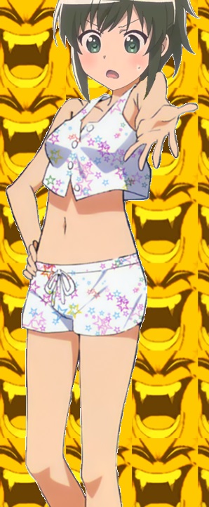 bikini_shorts blush chestnut_mouth green_eyes green_hair hand_on_hip headshop jpeg_artifacts legs mikakunin_de_shinkoukei navel oono_niko open_mouth outstretched_hand ponytail pose screencap self_upload short_hair short_shorts shorts standing star star_print third-party_edit yellow_background