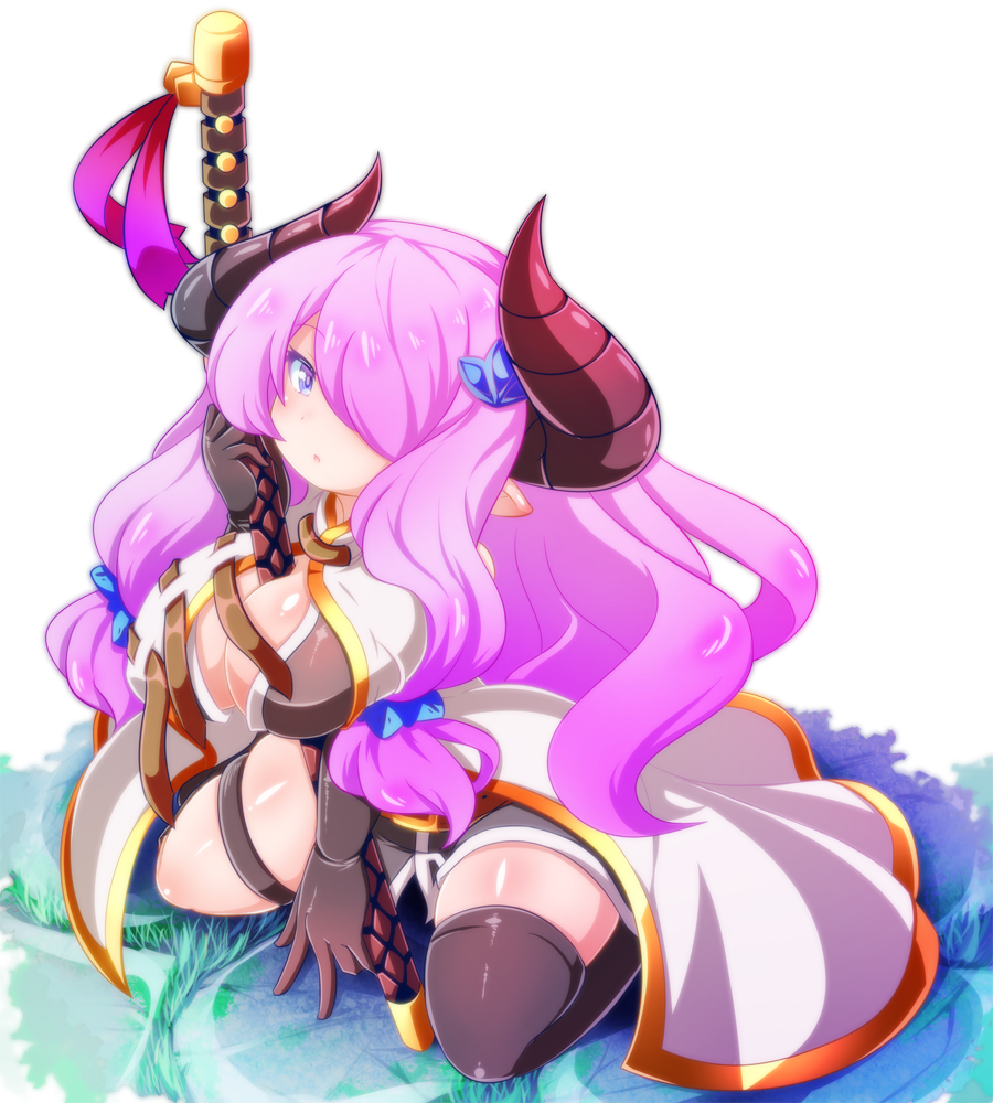 between_breasts black_gloves black_legwear breasts cleavage cobblestone commentary_request draph elbow_gloves gloves granblue_fantasy grass hair_ornament hair_over_one_eye hairclip horns katana kneeling large_breasts long_hair mismatched_legwear narmaya_(granblue_fantasy) oborotsuki_kakeru open_clothes partial_commentary pointy_ears purple_eyes purple_hair sheath sheathed sidelocks single_thighhigh skindentation solo sword thigh_strap thighhighs transparent_background very_long_hair weapon
