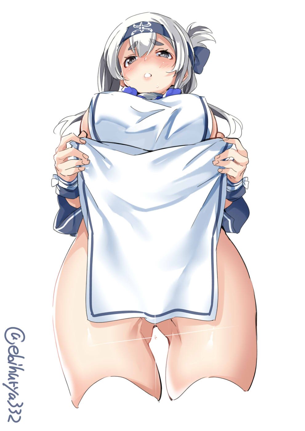 ainu ainu_clothes ass_visible_through_thighs bandana blue_eyes blue_hair blush breasts covered_nipples cropped_jacket cropped_legs dress ebifurya folded_ponytail from_below hair_between_eyes headband highres kamoi_(kantai_collection) kantai_collection large_breasts lifted_by_self looking_at_viewer multicolored_hair parted_lips pelvic_curtain short_eyebrows sideboob sidelocks simple_background sleeveless sleeveless_dress solo thick_eyebrows thighs twitter_username white_dress white_hair wrist_guards