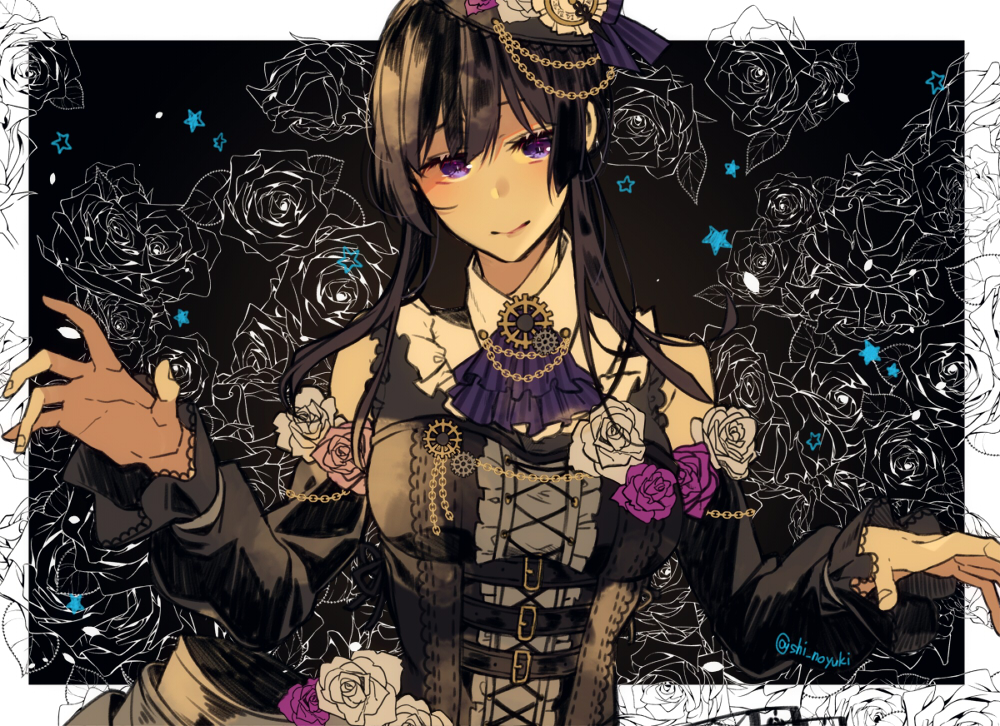 bang_dream! black_hair chain flowers goth-loli hat lolita_fashion long_hair purple_eyes rose shirokane_rinko signed yuki_(t128)