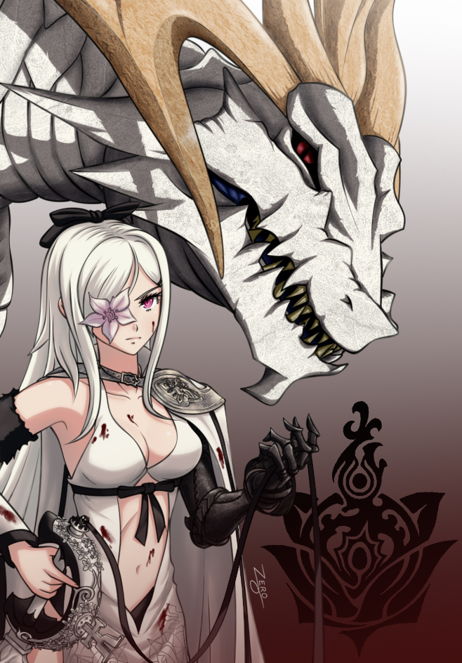 1girl blood breasts commentary_request drag-on_dragoon drag-on_dragoon_3 dragon flower_eyepatch long_hair medium_breasts mikhail_(drag-on_dragoon) prosthesis prosthetic_arm sword weapon zero_(73ro) zero_(drag-on_dragoon)