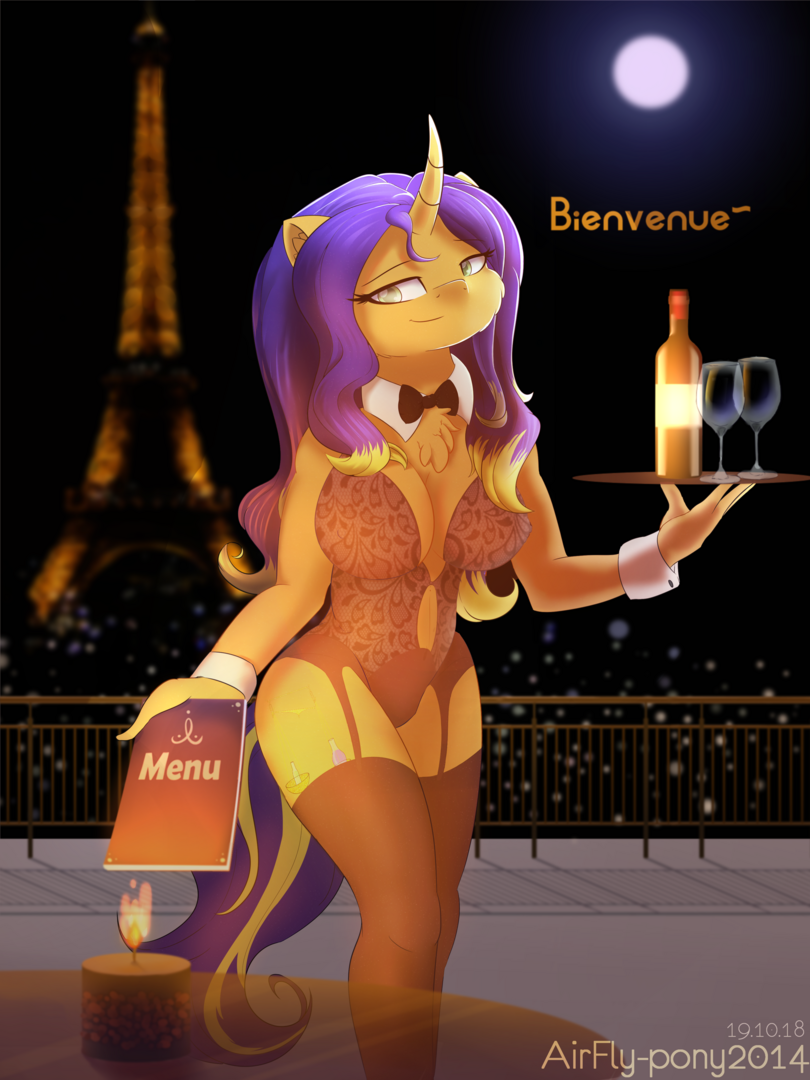 2018 airfly-pony2014 anthro blind blonde_hair blonde_tail bottle bow_tie breasts candle candlelight city cleavage clothed clothing detailed_background digital_media_(artwork) eiffel_tower equine eyelashes female hair holding_object horn legwear lights lingerie long_hair long_tail mammal menu mira multicolored_hair my_little_pony paris purple_hair purple_tail skimpy smile smirk solo stockings thigh_highs tight_clothing two_tone_hair two_tone_tail unicorn waiter