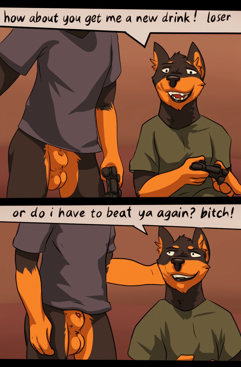 2018 animal_genitalia anthro balls brother canine clothed clothing comic dialogue doberman dog english_text lizardlars male mammal open_mouth partially_clothed penis sheath sibling standing text
