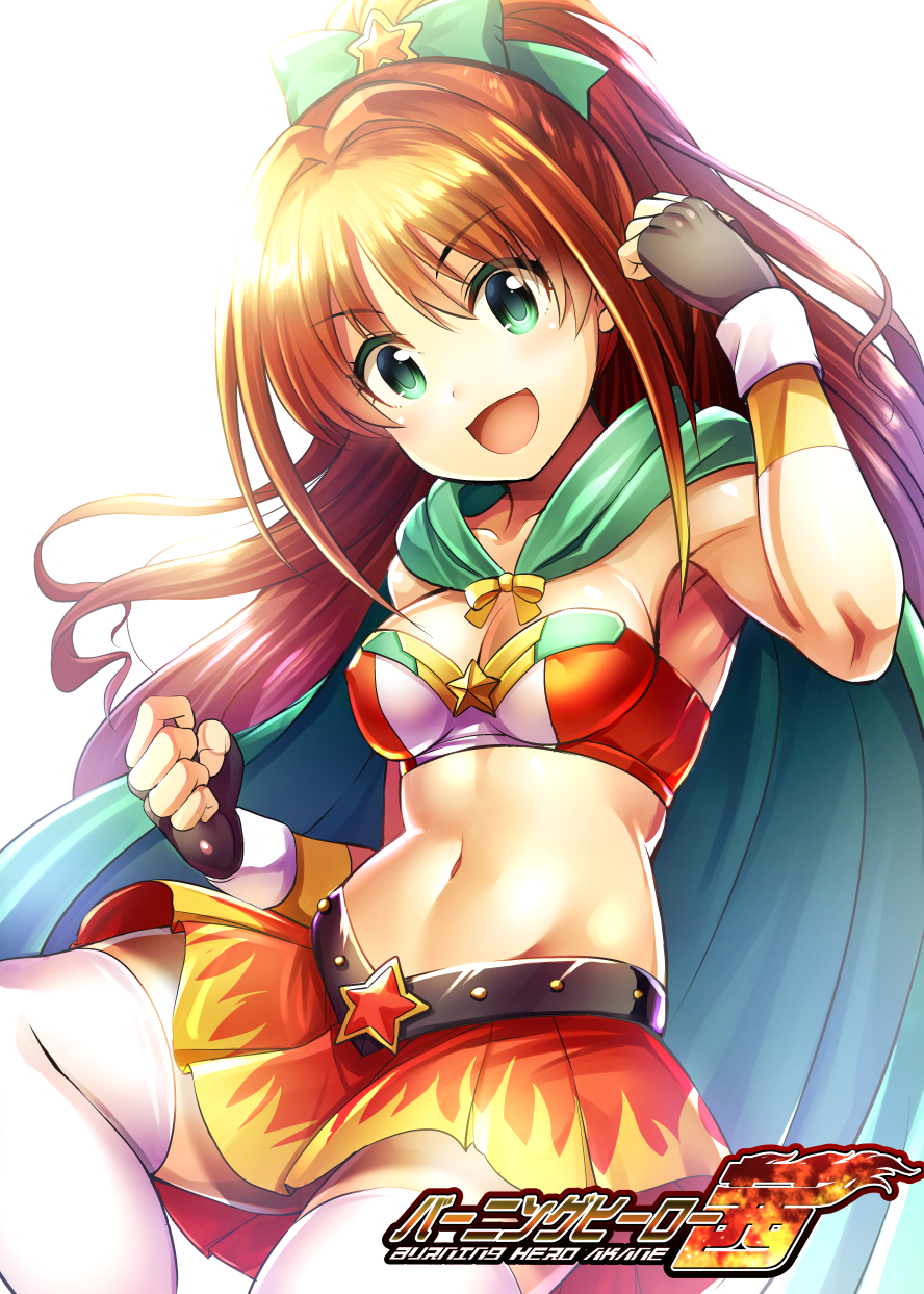 :d armpits black_gloves bow bra breasts brown_hair cleavage eyebrows_visible_through_hair fingerless_gloves floating_hair gloves green_bow green_cloak green_eyes hair_between_eyes hair_bow hair_ornament head_tilt heart heart_hair_ornament high_ponytail highres hino_akane_(idolmaster) idolmaster idolmaster_cinderella_girls long_hair looking_at_viewer medium_breasts ment midriff miniskirt navel open_mouth pleated_skirt print_skirt red_skirt shiny shiny_hair simple_background skirt smile solo stomach strapless strapless_bra thighhighs underwear very_long_hair white_background white_legwear zettai_ryouiki