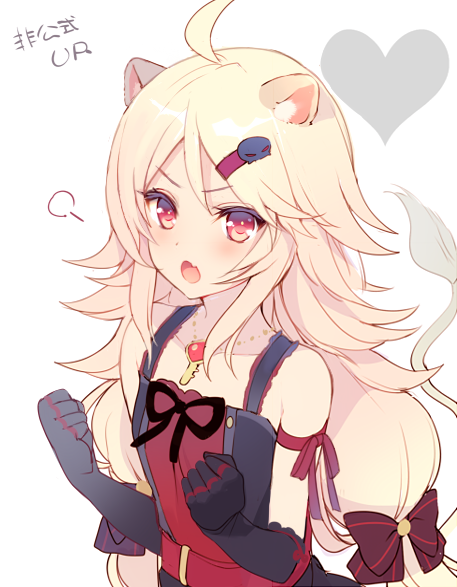 :/ ahoge ailane_(show_by_rock!!) animal_ears arm_strap bangs bare_shoulders belt black_gloves blonde_hair bow clenched_hands commentary_request dress elbow_gloves fingerless_gloves flat_chest flipped_hair from_side gloves hair_bow hair_ornament hairclip heart jewelry key lion_ears lion_tail long_hair looking_at_viewer low-tied_long_hair low_twintails mayachi_(amuriya) necklace parted_bangs pout red_eyes show_by_rock!! sidelocks simple_background skull_hair_ornament solo strapless strapless_dress swept_bangs tail twintails upper_body very_long_hair white_background