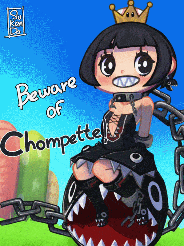 &gt;_&lt; :d ahoge animated animated_gif ankle_cuffs artist_name bangs bare_shoulders barking black_dress black_eyes black_hair black_legwear blunt_bangs blush boots bound bound_wrists chain chain_chomp cloud collar collarbone commentary covered_navel cross-laced_clothes crown cuffs day dress earrings elbow_gloves english flat_chest gloves grass handcuffs hill huge_filesize jewelry knee_boots mario_(series) new_super_mario_bros._u_deluxe open_mouth outdoors princess_chain_chomp sharp_teeth short_eyebrows short_hair sitting sky smile solo_focus sukendo super_crown teeth wrist_cuffs