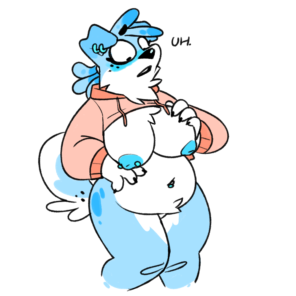 anthro belly big_belly big_breasts blue_fur blush breasts canine chest_tuft dog ear_piercing female fur mammal meme navel navel_piercing nipple_piercing nipples piercing pink_sweater pixyl_(pixylbyte) pixylbyte thick_thighs tuft twitter_hoodie voluptuous wide_hips