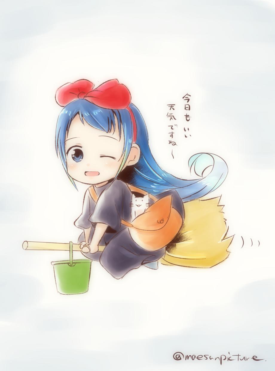 1girl alternate_costume artist_name bag bangs black_dress blue_eyes blue_hair bow broom broom_riding bucket cat chibi commentary_request cosplay dress gradient_hair hair_bow highres kantai_collection kiki kiki_(cosplay) long_hair looking_at_viewer mae_(maesanpicture) majo_no_takkyuubin multicolored_hair one_eye_closed open_mouth samidare_(kantai_collection) shiny shiny_hair shoulder_bag simple_background solo swept_bangs translation_request very_long_hair