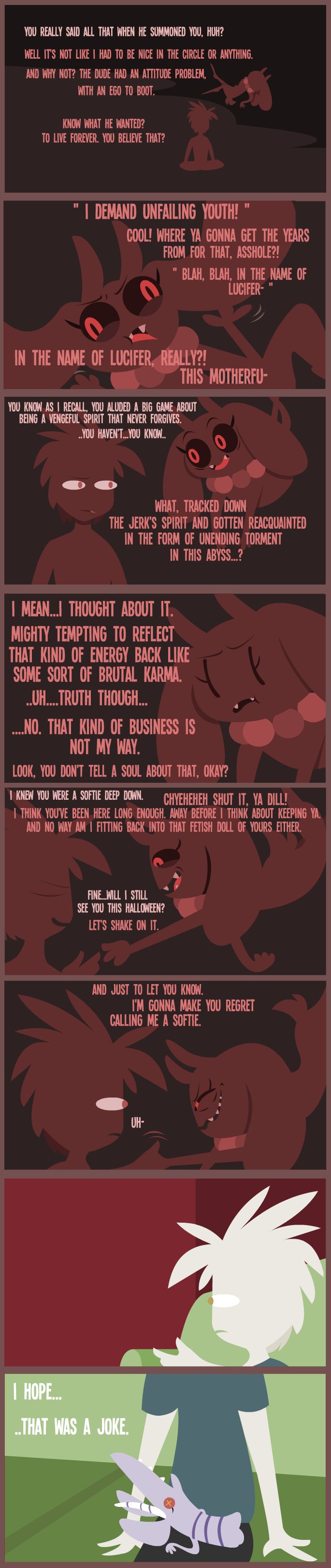 2018 anthro brown_eyes button_eyes clothed clothing comic demon digital_media_(artwork) doll duo english_text fog fully_clothed hair hi_res horn human imp jewelry long_ears male mammal monster necklace open_mouth puppet red_eyes red_text shane_frost silhouette simple_background smile teeth text tongue white_text