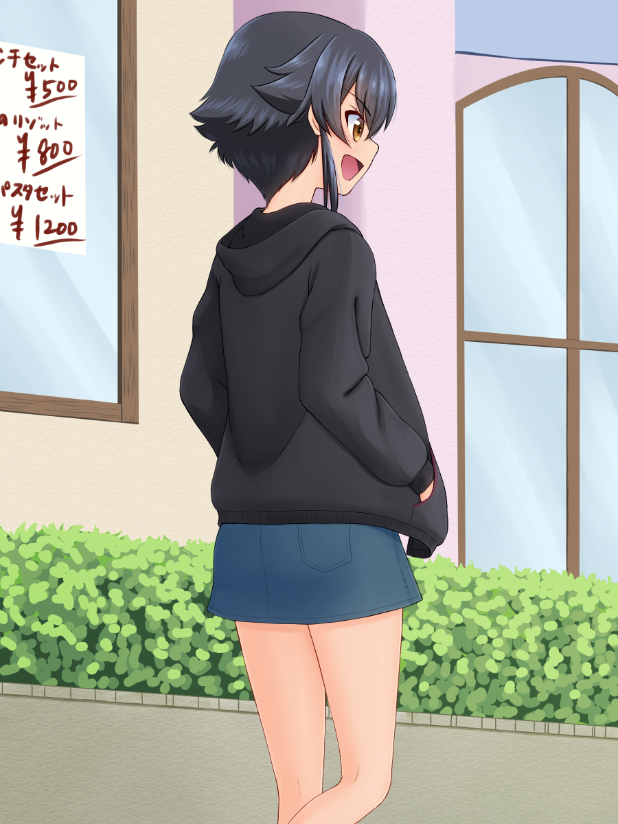 black_hair brown_eyes casual commentary denim denim_skirt girls_und_panzer hands_in_pockets highres hood hoodie open_mouth outdoors pepperoni_(girls_und_panzer) ruka_(piyopiyopu) short_hair skirt smile solo walking