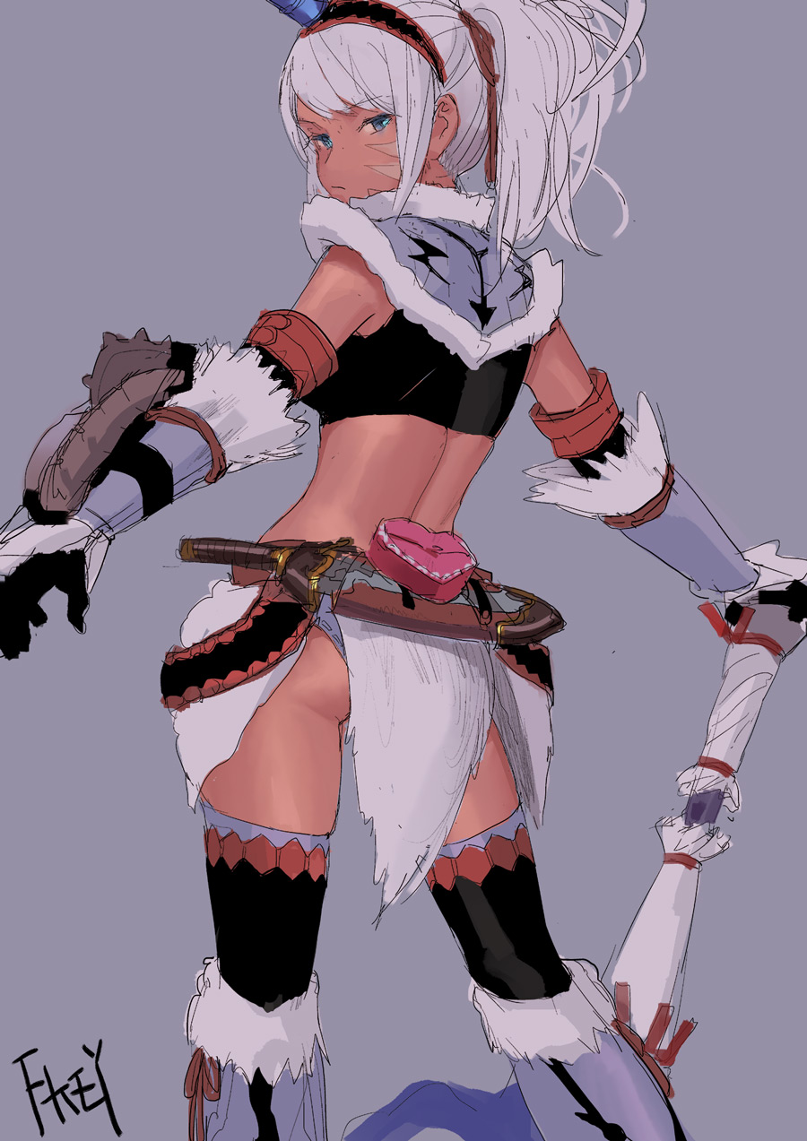 arm_warmers artist_name ass bangs black_gloves black_legwear blue_eyes boots commentary crop_top dagger elbow_gloves eyebrows_visible_through_hair feet_out_of_frame fkey from_behind fur_trim gloves grey_background grey_footwear grey_panties heart highres kirin_(armor) long_hair looking_at_viewer looking_back midriff monster_hunter monster_hunter:_world panties planted_weapon ponytail pouch scabbard sheath sheathed sidelocks signature silver_hair simple_background sleeveless solo standing swept_bangs symbol_commentary thighhighs thighs underwear weapon
