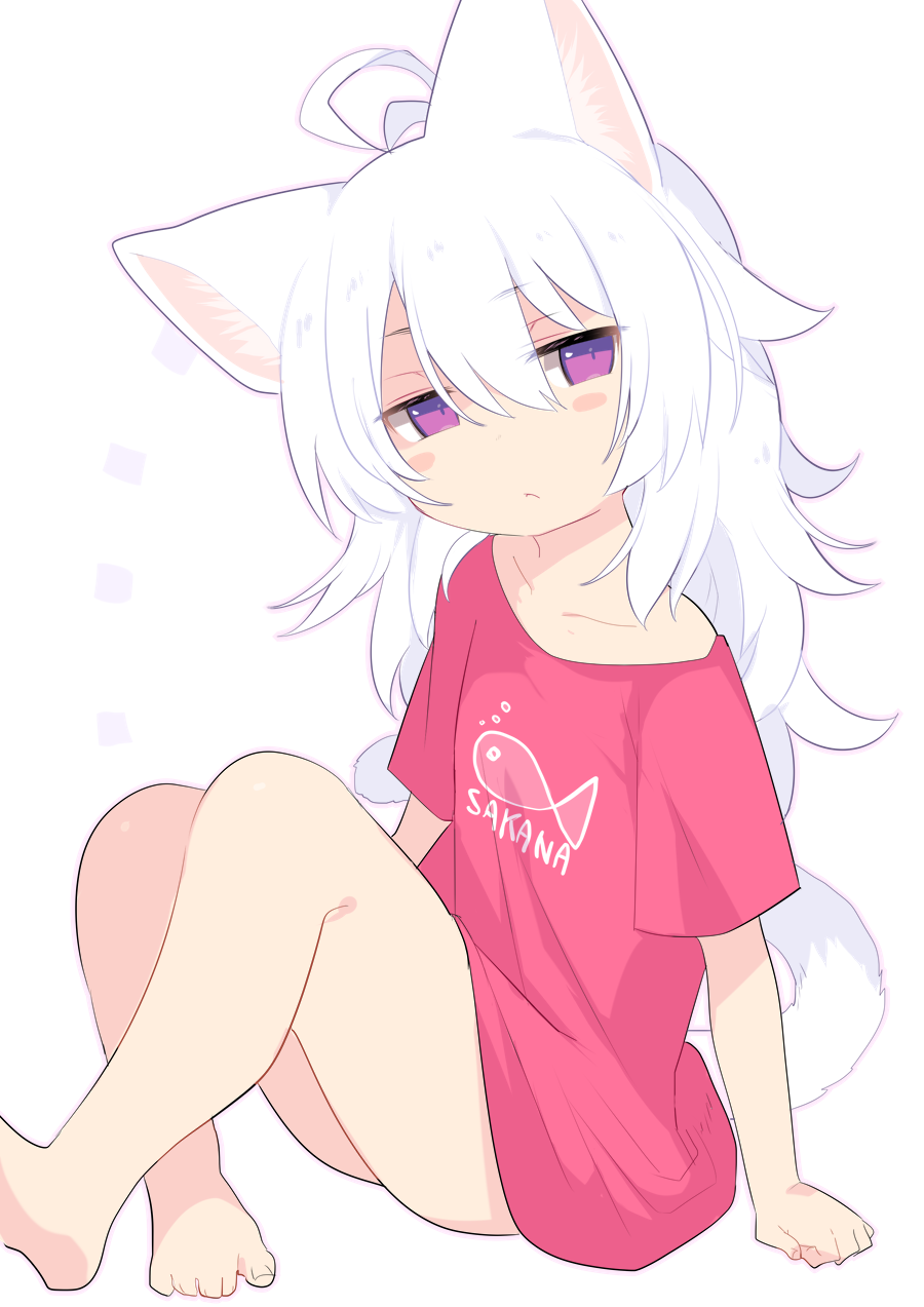 animal_ear_fluff animal_ears antenna_hair arm_support bangs bare_legs barefoot blush_stickers cat_ears cat_girl cat_tail closed_mouth collarbone eyebrows_visible_through_hair flat_chest full_body hair_between_eyes head_tilt highres long_hair mofuaki naked_shirt original purple_eyes red_shirt romaji shiro_(mofuaki) shirt short_sleeves simple_background sitting solo tail toenails translated white_background white_hair