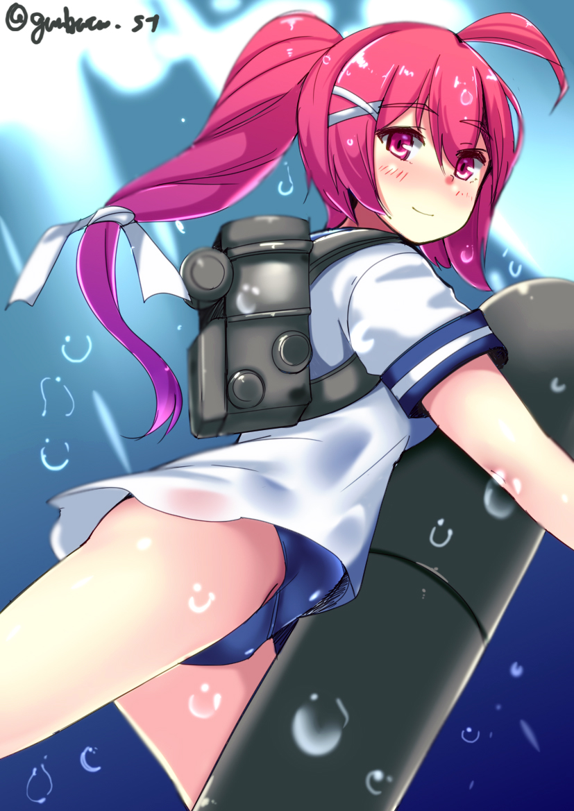 1girl air_bubble backpack bag blue_swimsuit blush breasts bubble chirashi_(so) cowboy_shot day diving eyebrows_visible_through_hair hair_between_eyes hair_ornament hair_ribbon i-168_(kantai_collection) kantai_collection long_hair looking_at_viewer machinery ocean one-piece_swimsuit pink_eyes ponytail red_hair ribbon rigging school_swimsuit school_uniform serafuku short_sleeves small_breasts solo submerged sunlight swimming swimsuit swimsuit_under_clothes torpedo twitter_username underwater white_ribbon