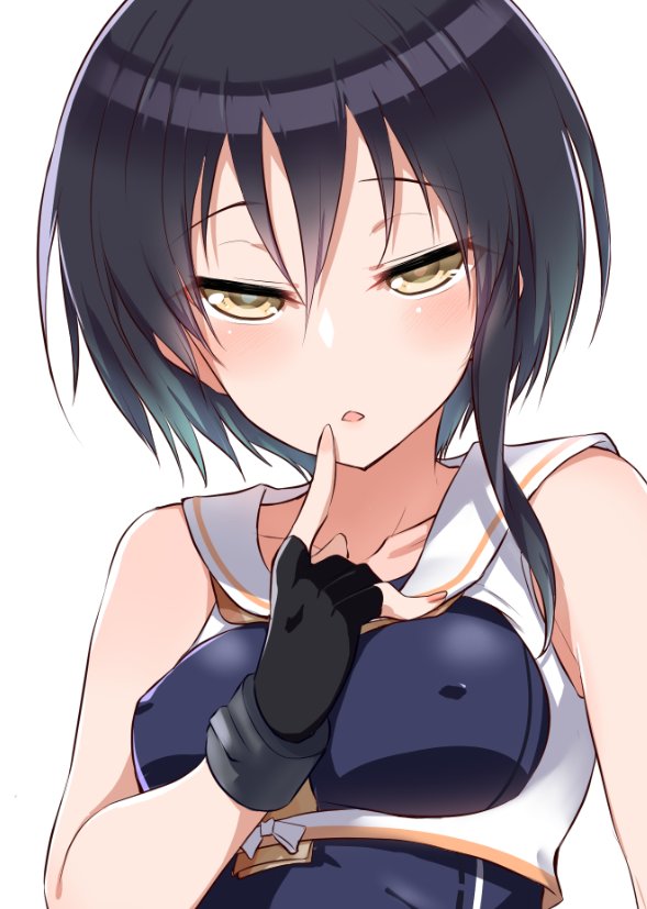 asymmetrical_hair bangs bare_arms black_gloves black_hair breasts brown_eyes collarbone commentary covered_nipples finger_to_mouth framed_breasts gloves half-closed_eyes hand_up hirase_yuu i-13_(kantai_collection) index_finger_raised kantai_collection looking_at_viewer medium_breasts parted_lips partly_fingerless_gloves sailor_collar school_swimsuit short_hair sidelocks simple_background solo swimsuit upper_body white_background