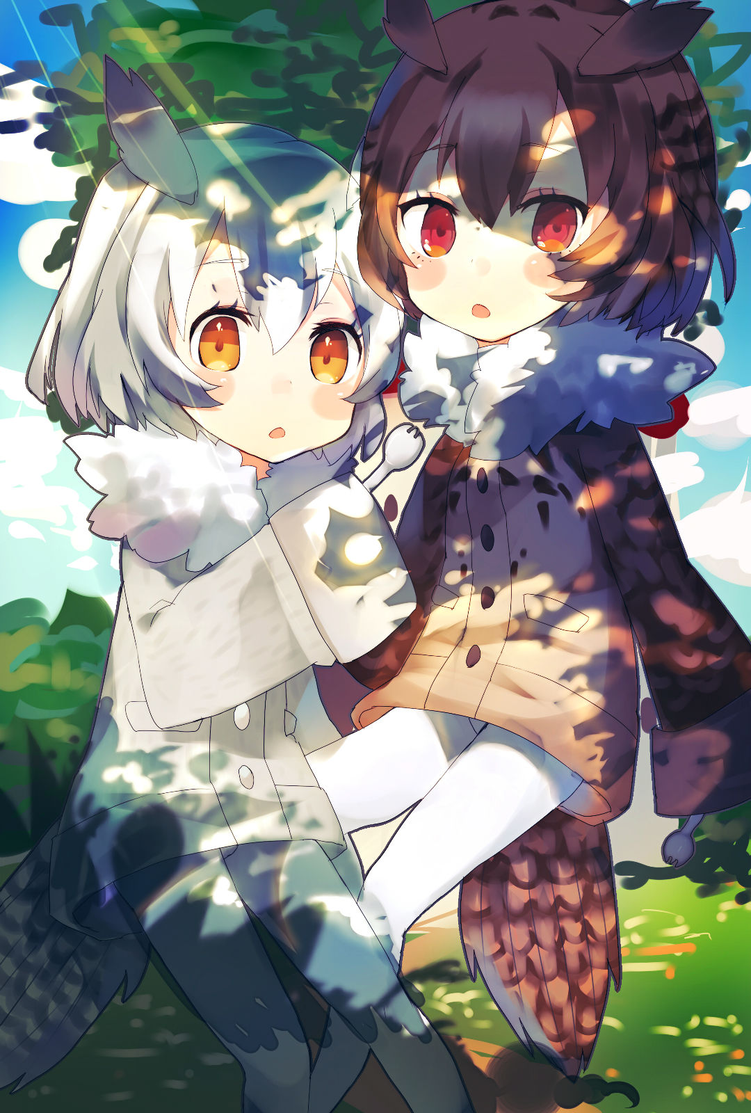 bangs bird_tail blue_sky blush_stickers bob_cut brown_coat brown_hair brown_sleeves buttons chestnut_mouth cloud cloudy_sky coat commentary dappled_sunlight day disconnected_mouth eurasian_eagle_owl_(kemono_friends) eyebrows_visible_through_hair eyelashes feet_out_of_frame fur_collar gijxgij hair_between_eyes head_wings highres holding kemono_friends light_rays long_sleeves looking_at_viewer multicolored_hair multiple_girls northern_white-faced_owl_(kemono_friends) open_mouth orange_eyes outdoors pantyhose parted_bangs raglan_sleeves raised_eyebrows short_hair sky sleeves_past_fingers sleeves_past_wrists spork streaked_hair sunbeam sunlight tail white_coat white_hair white_legwear wide_sleeves winter_clothes winter_coat