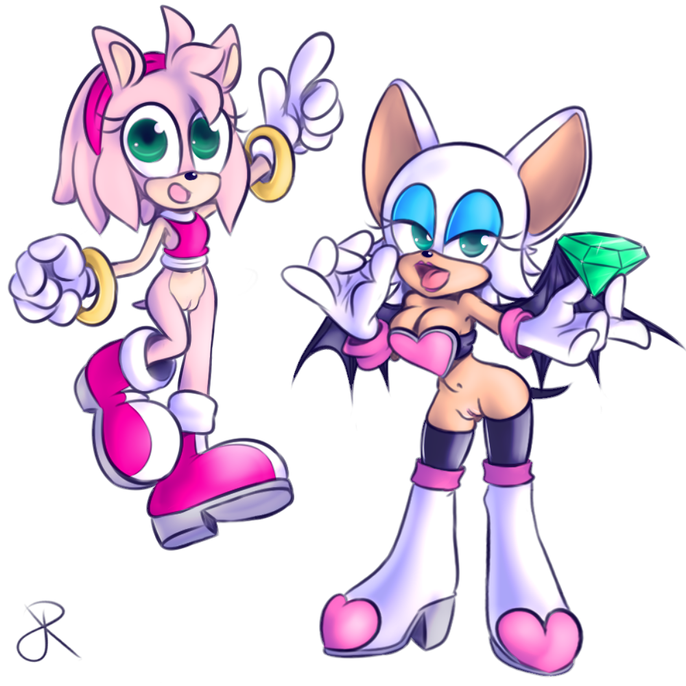 amy_rose bat bottomless clothed clothing female fur hedgehog mammal pink_fur pussy rasenxoru rouge_the_bat sonic_(series) white_fur