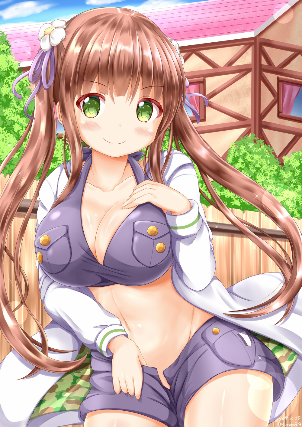 &gt;:) bangs blue_shorts blue_sky blush breasts brown_hair cleavage closed_mouth cloud cloudy_sky collarbone commentary_request dated day eyebrows_visible_through_hair fence flower gochuumon_wa_usagi_desu_ka? green_eyes hair_flower hair_ornament hair_ribbon hand_on_own_chest hand_up highres house jacket large_breasts long_hair long_sleeves navel open_clothes open_fly open_jacket open_shorts outdoors purple_ribbon ribbon short_shorts shorts sky smile solo twintails twitter_username ujimatsu_chiya v-shaped_eyebrows very_long_hair white_flower white_jacket zenon_(for_achieve)