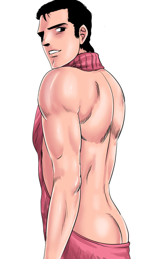 abe_takakazu arms_at_sides ass back backless_outfit bare_shoulders black_hair kuso_miso_technique looking_at_viewer male_focus meme_attire muscle parted_lips pink_sweater ribbed_sweater solo standing sweater virgin_killer_sweater yuubi