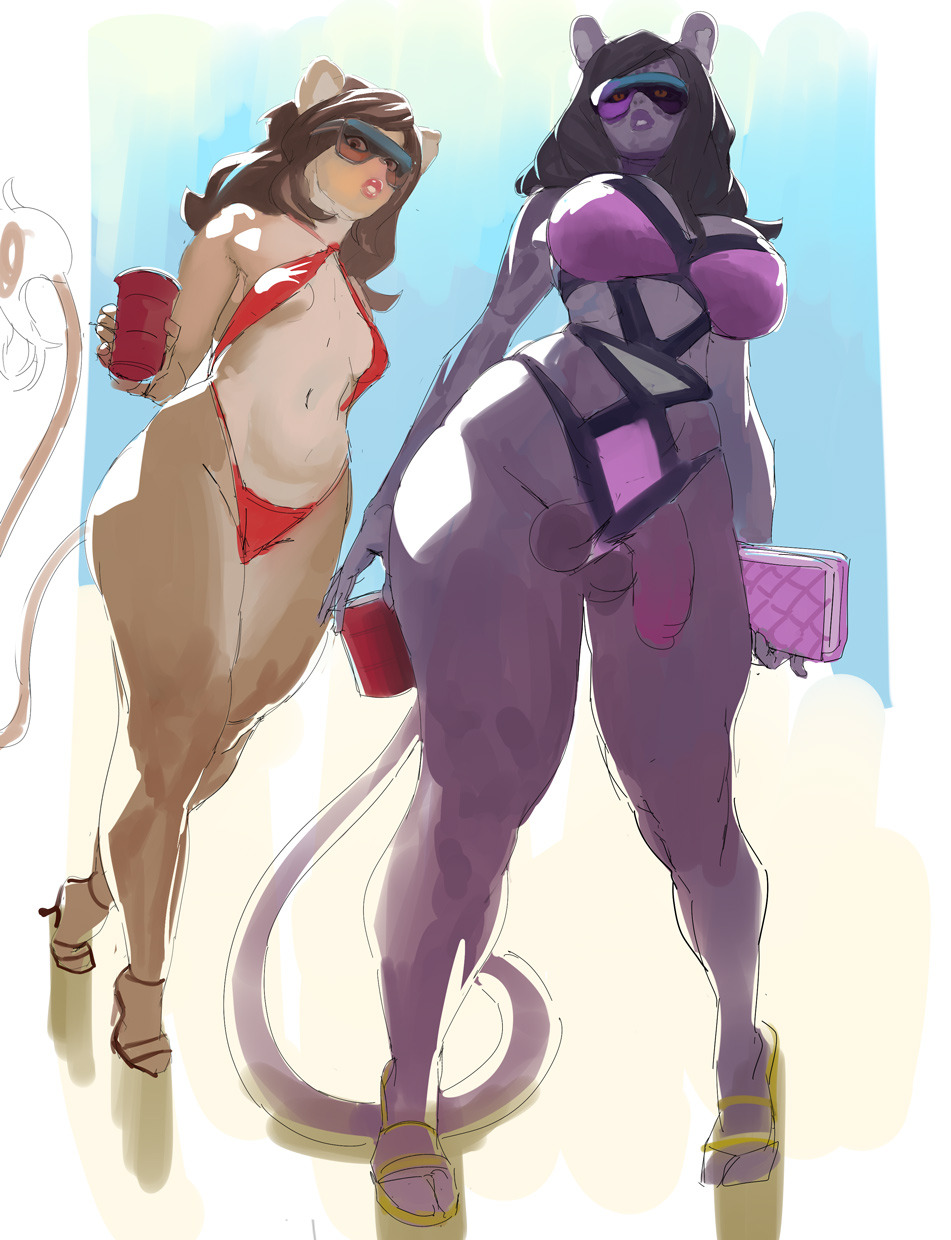 2018 anthro balls bikini biped black_balls black_fur black_hair black_tail breasts brown_fur brown_hair brown_tail clothed clothing cup dickgirl digital_media_(artwork) duo eyewear feline female flaccid footwear front_view fur hair hi_res high_heels holding_cup holding_object humanoid_penis intersex kenno_arkkan lion long_hair low-angle_view mammal multicolored_fur one-piece_swimsuit panther penis poking_out purple_penis purse shoes small_breasts standing sunglasses swimsuit tail_tuft tan_fur tuft two_tone_fur