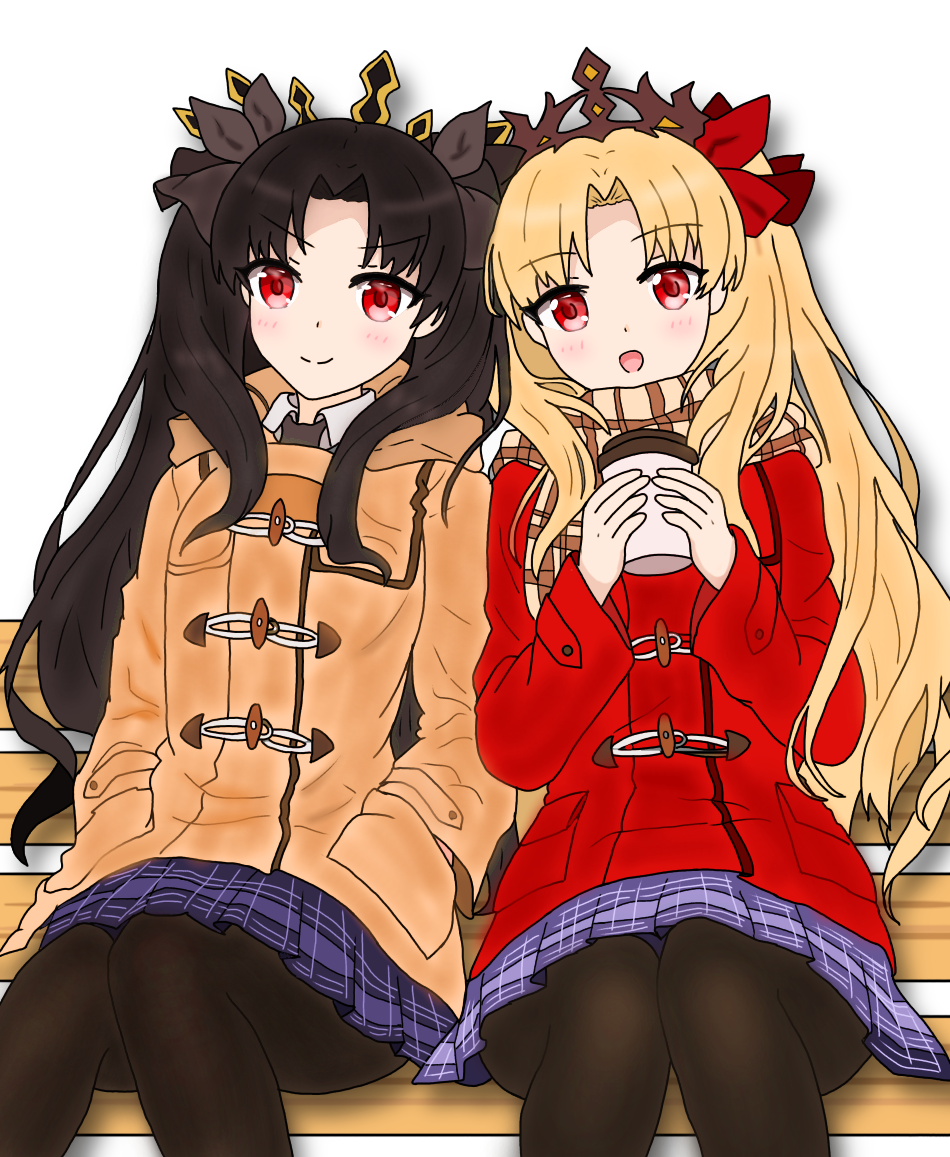 :d atsumisu bangs bench black_legwear blonde_hair blue_skirt blush brown_coat brown_hair brown_ribbon brown_scarf closed_mouth coat coffee_cup commentary_request cup disposable_cup duffel_coat ereshkigal_(fate/grand_order) eyebrows_visible_through_hair fate/grand_order fate_(series) hair_ribbon hands_up holding holding_cup ishtar_(fate/grand_order) long_hair long_sleeves multiple_girls on_bench open_mouth pantyhose park_bench parted_bangs plaid plaid_scarf plaid_skirt pleated_skirt red_coat red_eyes red_ribbon ribbon scarf sitting skirt smile tiara two_side_up very_long_hair white_background