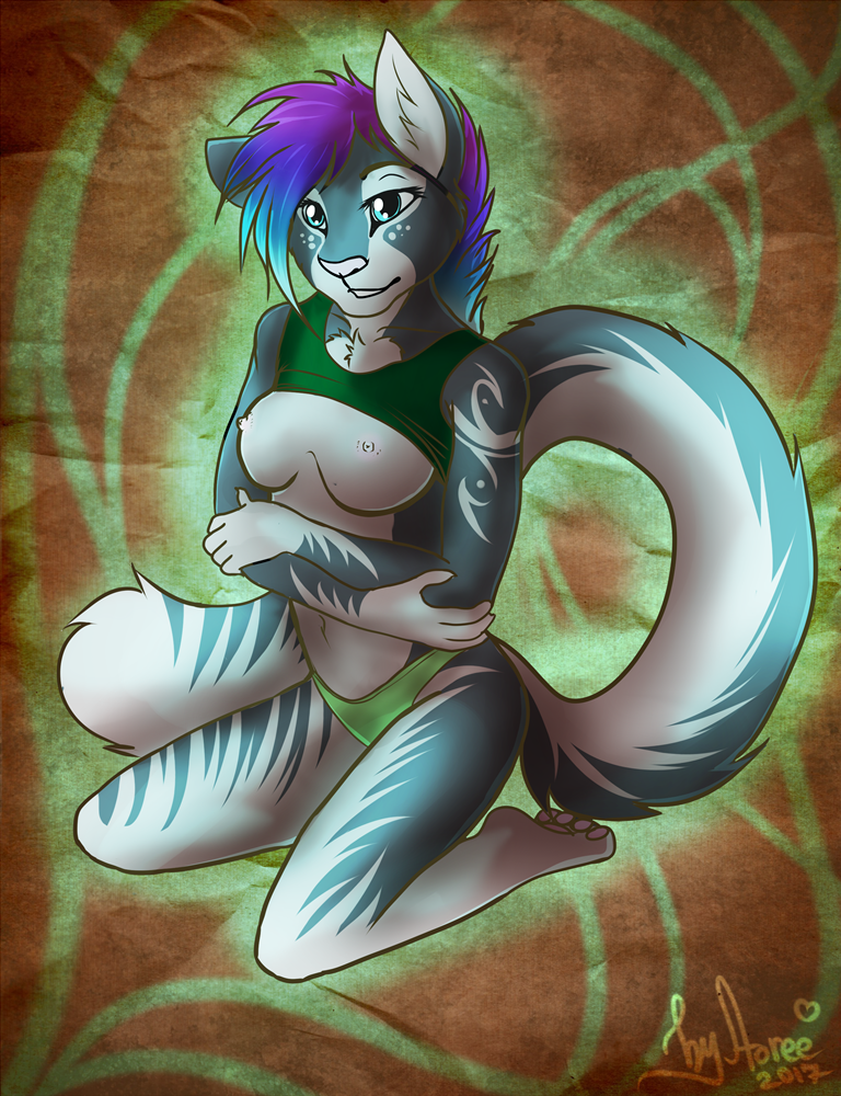2017 4_toes 5_fingers anthro aoree blue_eyes blue_fur blue_hair breasts cat clothed clothing clothing_lift crop_top exposed_breasts feline female fluffy fluffy_tail fur green_clothing hair inner_ear_fluff kneeling long_tail mammal medium_breasts multicolored_fur multicolored_hair multicolored_tail nipples panties pawpads pink_nipples pink_nose pink_pawpads purple_hair shirt shirt_lift smile solo toes two_tone_fur underwear white_fur
